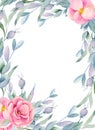 Frame, floral border of watercolor pink briar flowers, berries and branches Royalty Free Stock Photo