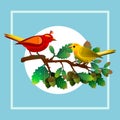 Two colorful birds on a fresh oak branch with acorns