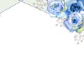 Frame with floral watercolor illustration. Blue roses on white isolated background. Bright flowers, leaves, for wedding stationery