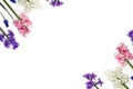 Frame of flowers hyacinths and flowers muscari on white background with space for text. Top view, flat lay