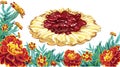 Frame flowers marigold cherry cake Royalty Free Stock Photo