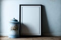 Frame with flowery pot on light blue wall, ai generated