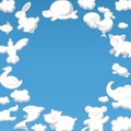 Frame of fluffy clouds in form of funny animals on blue sky background vector illustration. Duck, bear and bunny with