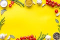 Frame of food for chef work on yellow background top view space for text Royalty Free Stock Photo