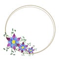 Frame in the form of two golden circles with three watercolor blue-lilac flowers. Isolated raster elements. Royalty Free Stock Photo