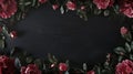 frame formed with camelia flowers and free copy space in center, black color of backdrop, greeting card template mockup