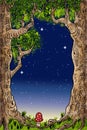frame formed by cartoon trees for copy space with night sky in background
