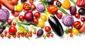 a frame of fresh dietary vegetables on a white background. vibrant wallpapper, Generative AI