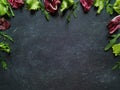 Frame of fresh green and red lettuce on a black scretched chalkboard for kitchen Royalty Free Stock Photo