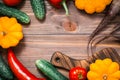 Frame of fresh vegetables - squash, cucumbers, tomatoes, zucchini, peppers on a wooden table Royalty Free Stock Photo