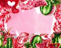 A frame of freshly squeezed watermelon juice and slices of watermelons. Handmade watercolor illustration. For packaging Royalty Free Stock Photo