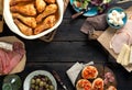 Frame of fried chicken legs, variety of snacks