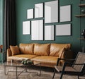 Frame gallery mockup in living room interior with leather sofa, minimalist industrial style Royalty Free Stock Photo