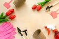 Frame of gardening tools. Shovels, seedling pots and gloves on beige background, space for text