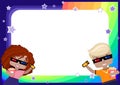 frame with a girl and a boy in 3D glasses, with a ticket to the cinema and popcorn, rainbow, sky and stars Royalty Free Stock Photo