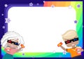 Frame with a girl and a boy in 3D glasses, with a ticket to the cinema and popcorn, rainbow, sky and stars Royalty Free Stock Photo