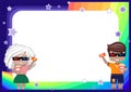 Frame with a girl and a boy in 3D glasses, with a ticket to the cinema and popcorn, rainbow, sky and stars Royalty Free Stock Photo