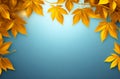 Frame of golden fall ash tree leaves on cyan background. Autumn background. copy space, text space, template, layout Royalty Free Stock Photo