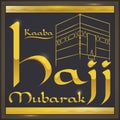 Frame with Golden Sign and Kaaba View for Hajj Pilgrimage, Vector Illustration