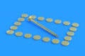 Frame of golden metal heads of nails on blue background. Building equipment