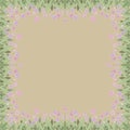 Frame of green leaves and pink flowers on beige background.