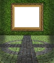 Frame on green painted stone wall backgroun
