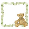 Frame green ribbon, square border, vintage teddy bear. Collection of antique toys. Hand drawn watercolor illustration Royalty Free Stock Photo