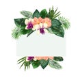 Frame of green tropical leaves, clivia and orchid flowers