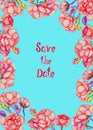 Frame greeting card design of flowers of pink, red roses on turquoise background Save the Date inscription Royalty Free Stock Photo