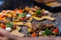 Frame of grilled steak, grilled vegetables, potatoes, salad, different snacks and homemade lemonade, top view. Concept Royalty Free Stock Photo