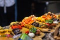 Frame of grilled steak, grilled vegetables, potatoes, salad, different snacks and homemade lemonade, top view. Concept Royalty Free Stock Photo