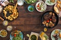 Frame of grilled steak, vegetables, potatoes, salad, snacks, homemade lemonade