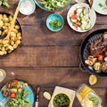 Frame of grilled steak, vegetables, potatoes, salad, snacks, homemade lemonade Royalty Free Stock Photo