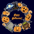 A frame from Halloween attributes - pumpkins with different smiles, a tombstone, a witch`s hat, a pot of potions and a moon. Royalty Free Stock Photo