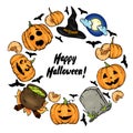 A frame from Halloween attributes - pumpkins with different smiles, a tombstone, a witch`s hat, a pot of potions and a moon. Royalty Free Stock Photo