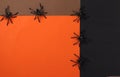 Frame Halloween with black spiders, black, brown and orange background. Flat lay. Copy space. Top view