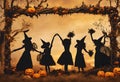 Frame of Halloween night illustrations and girls gang.