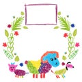 Frame of hand-drawn animals with flowers and grass. White background. Sheep, pig, dog. For text