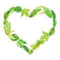 Frame heart made of various leaves in watercolor. Hand-painted design elements.