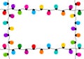 Frame with holiday decoration garland, colorful light bulbs, space for your text. Vector