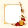 Frame with honey, bees, fruits and flowers on a light background Royalty Free Stock Photo