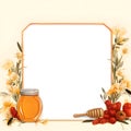 Frame with honey, bees, fruits and flowers on a light background