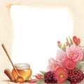 Frame with honey, bees, fruits and flowers on a light background