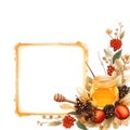 Frame with honey, bees, fruits and flowers on a light background