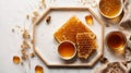 Frame with honeycomb, plate with honey and honey stick close up on white background. Royalty Free Stock Photo