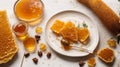 Frame with honeycomb, plate with honey and honey stick close up on white background. Royalty Free Stock Photo