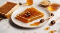 Frame with honeycomb, plate with honey and honey stick close up on white background. Royalty Free Stock Photo