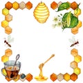 Frame with honeycombs, bees, linden inflorescence, a wooden spoon, a cup of tea and a beehive.