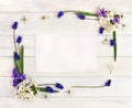 Frame of hyacinths Hyacinthus, muscari and blossom cherry tree on a white wooden background and blank sheet with space for text