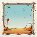 a frame with an image of a desert landscape and balloons Royalty Free Stock Photo